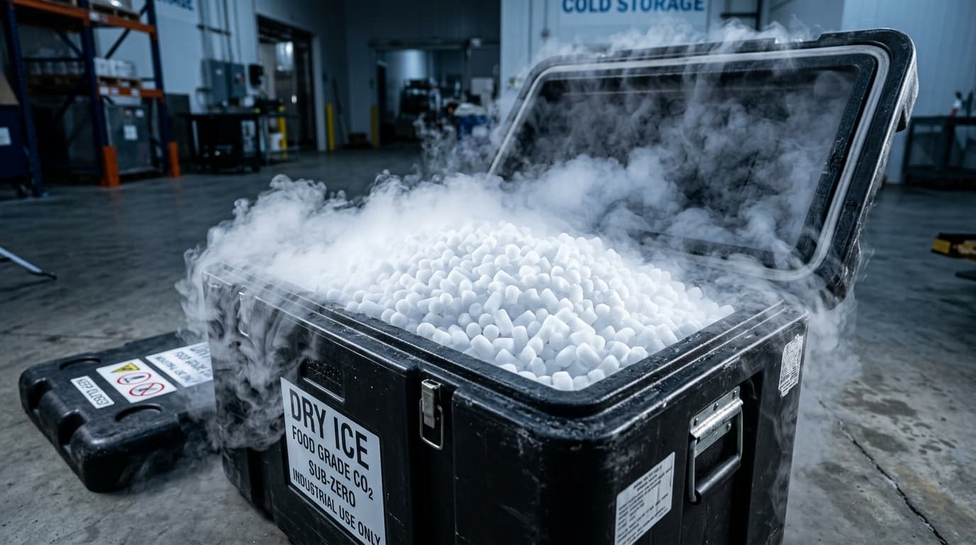 Pure food grade dry ice pellets manufactured at Brindavan Industries Karimnagar at -78.5 degrees Celsius